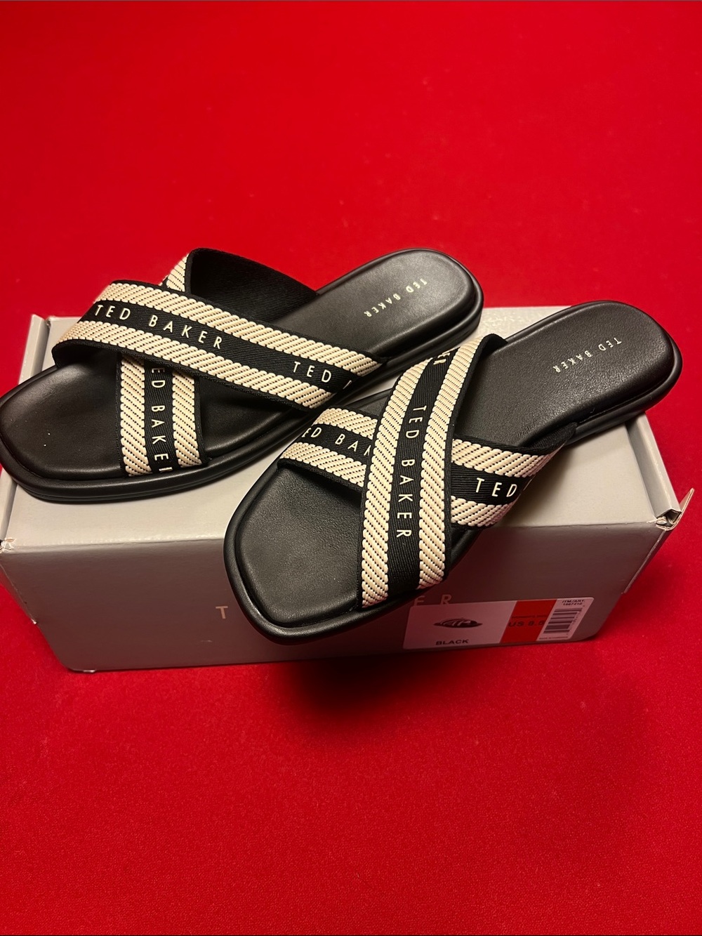 Ted Baker Black and Cream Cross-Strap Slide Sandals